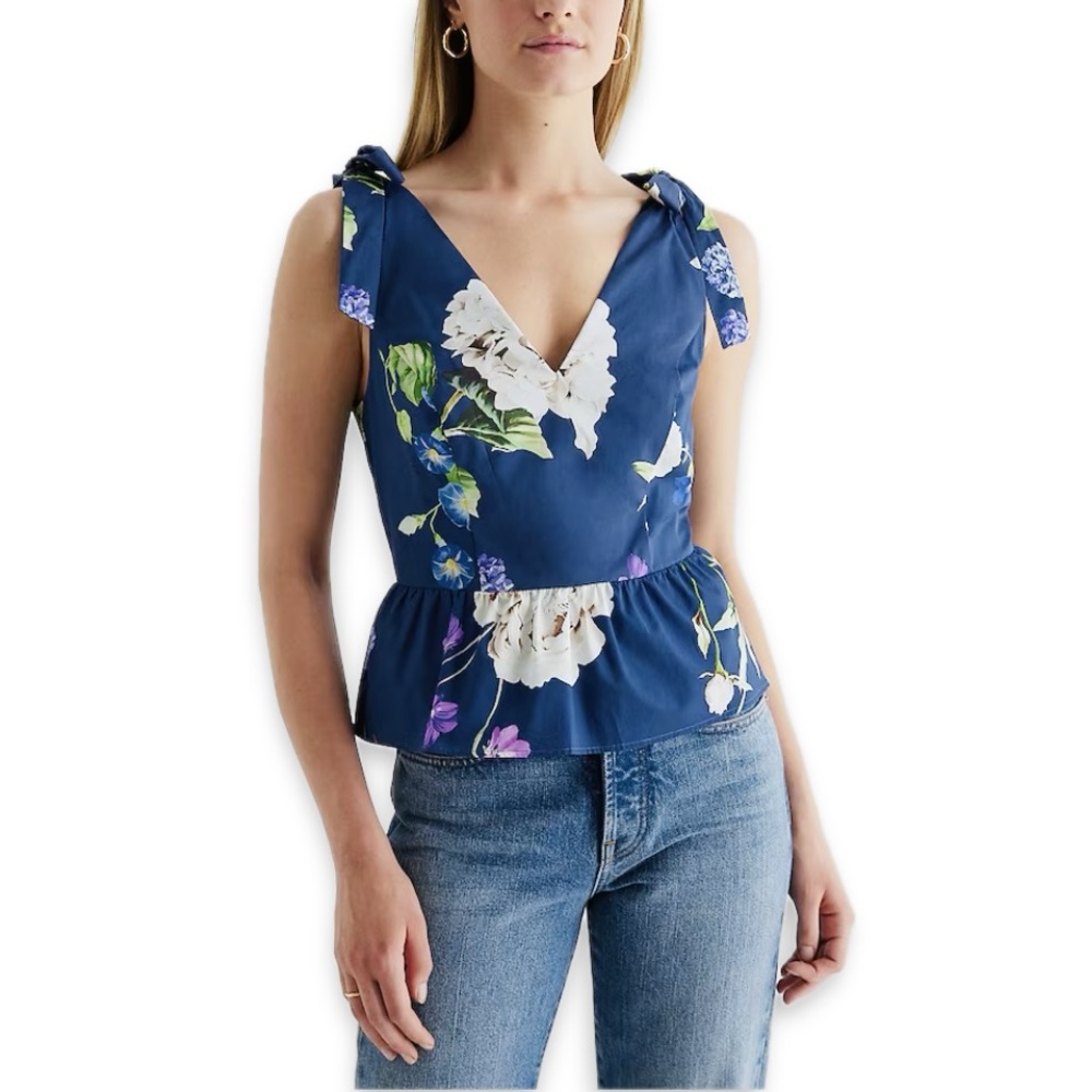 NWT Express Floral Tie Shoulder Peplum Tank XS Blue Floral $68